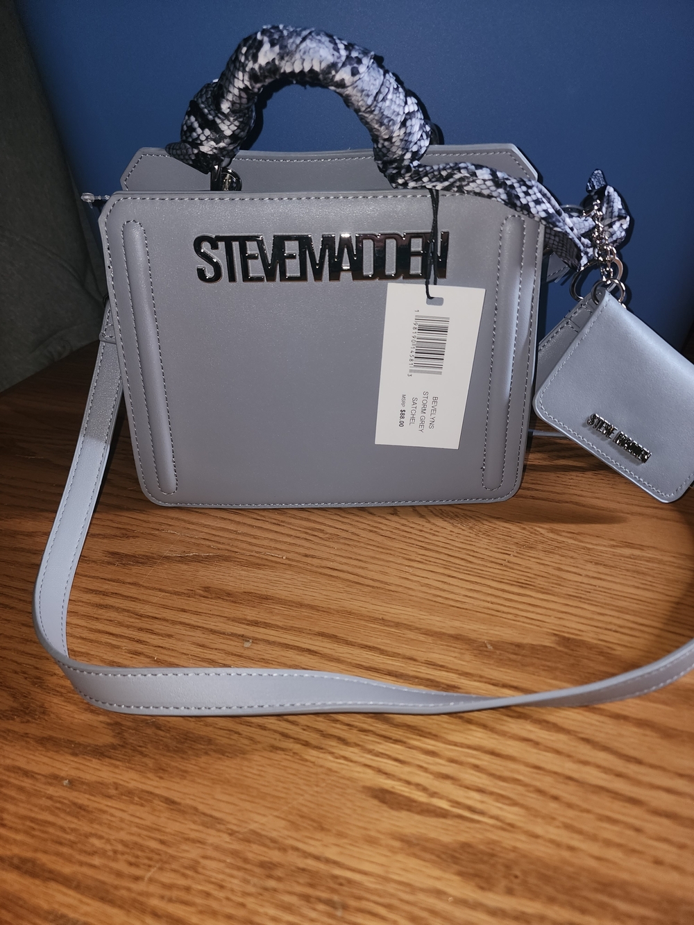 Steve Madden Light Gray Structured Crossbody with Snake-Print Wrap Handle